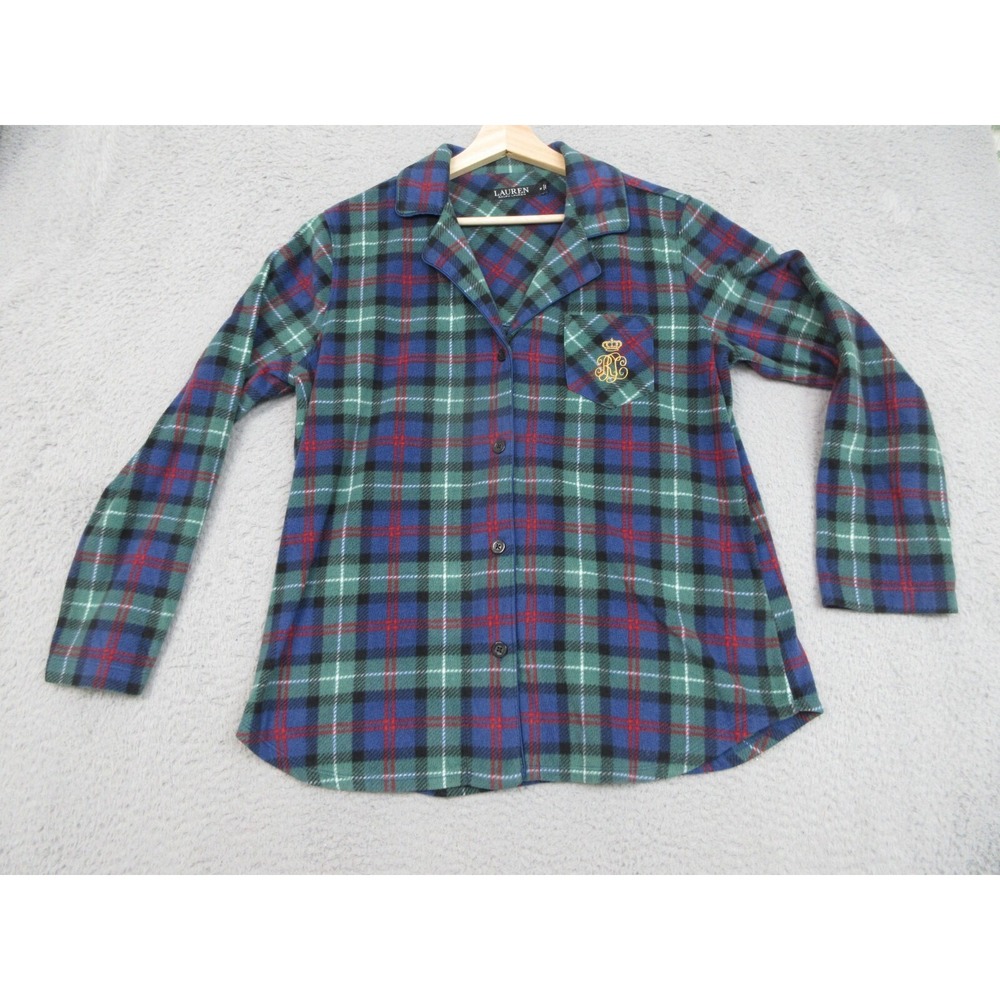 Vintage‎ Ralph Lauren LRL Pajama Set Women M Blue Plaid Crest Black Label Cozy
